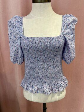 Jason Wu Smocked Puff Sleeve Crop Top Size L Blue Floral Cotton Square Neck Ruff
